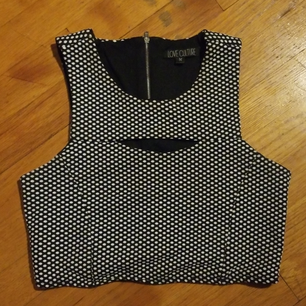 Black and White Polka Dot Chest Cut Out Crop Top